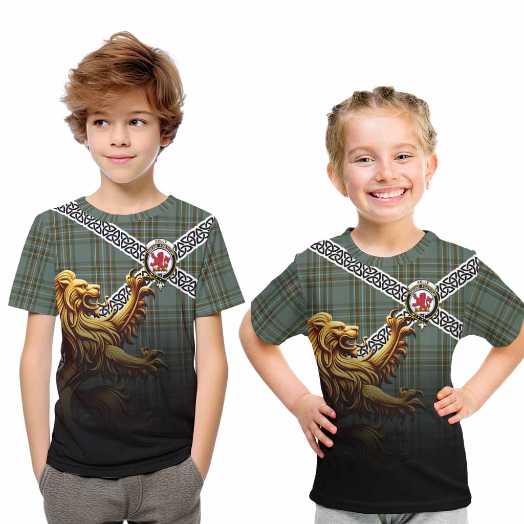 Tartan Vibes Clothing Kelly Crest Tartan Kid T-Shirt with Golden Lion Emblem Celtic Style