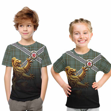 Tartan Vibes Clothing Kelly Crest Tartan Kid T-Shirt with Golden Lion Emblem Celtic Style