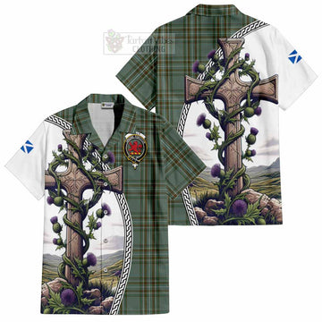 Tartan Vibes Clothing Kelly Tartan Short Sleeve Button Shirt with Family Crest and St. Andrew's Cross Accented by Thistle Vines