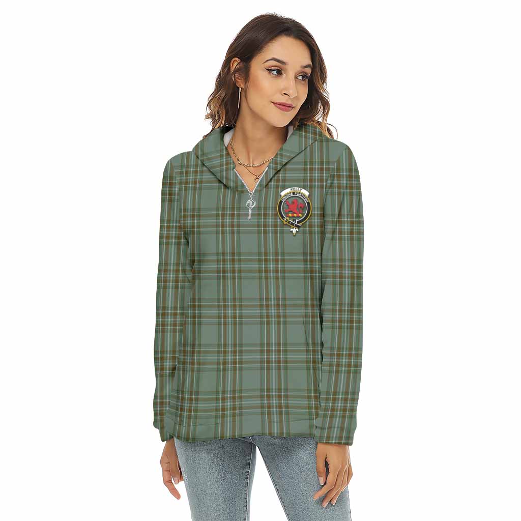 Kelly Tartan Women's Borg Fleece Hoodie with Half Zip with Family Crest Female - Tartan Vibes Clothing