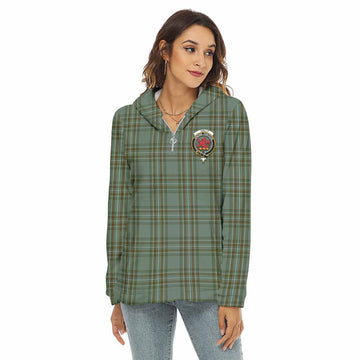 Kelly Tartan Women's Borg Fleece Hoodie with Half Zip with Family Crest Female - Tartan Vibes Clothing