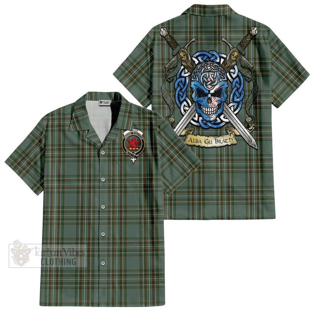Tartan Vibes Clothing Kelly Tartan Short Sleeve Button Shirt with Family Crest Celtic Skull Style