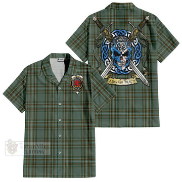Tartan Vibes Clothing Kelly Tartan Short Sleeve Button Shirt with Family Crest Celtic Skull Style