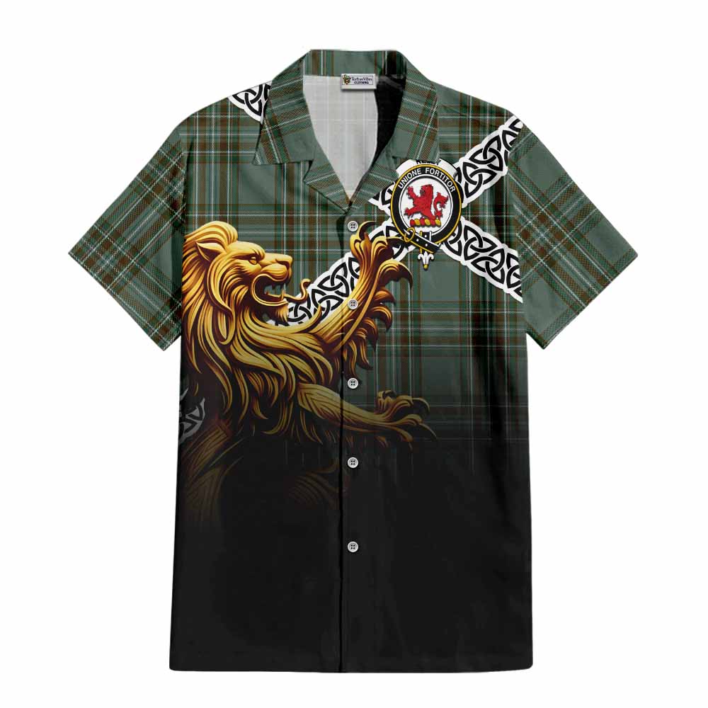 Tartan Vibes Clothing Kelly Crest Tartan Short Sleeve Button Shirt with Golden Lion Emblem Celtic Style