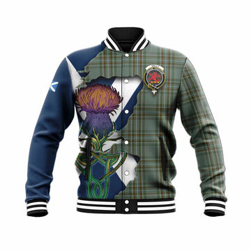 Tartan Vibes Clothing Kelly Tartan Family Crest Baseball Jacket Scottish Thistle Celtic Inspired