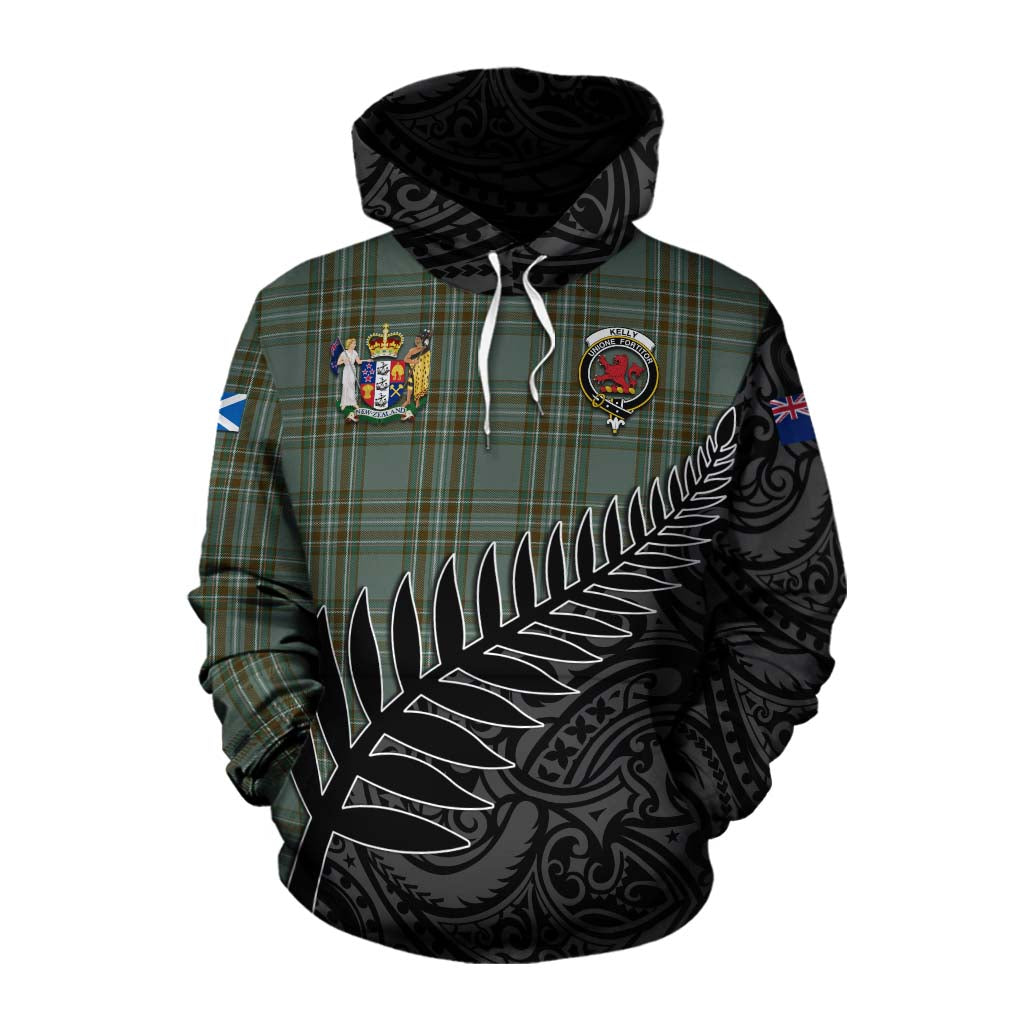 Tartan Vibes Clothing Kelly Crest Tartan Cotton Hoodie with New Zealand Silver Fern Half Style