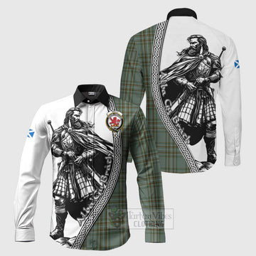 Tartan Vibes Clothing Kelly Tartan Clan Crest Long Sleeve Button Shirt with Highlander Warrior Celtic Style
