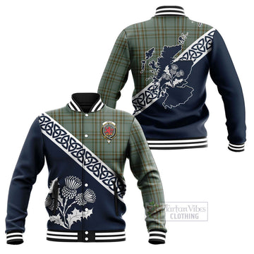 Tartan Vibes Clothing Kelly Tartan Baseball Jacket Featuring Thistle and Scotland Map