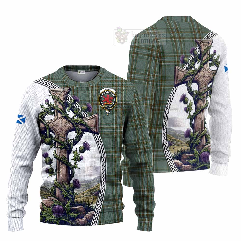 Tartan Vibes Clothing Kelly Tartan Knitted Sweater with Family Crest and St. Andrew's Cross Accented by Thistle Vines
