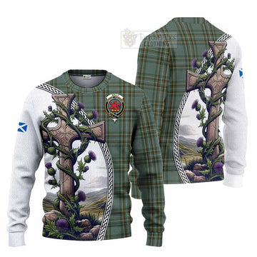 Tartan Vibes Clothing Kelly Tartan Knitted Sweater with Family Crest and St. Andrew's Cross Accented by Thistle Vines
