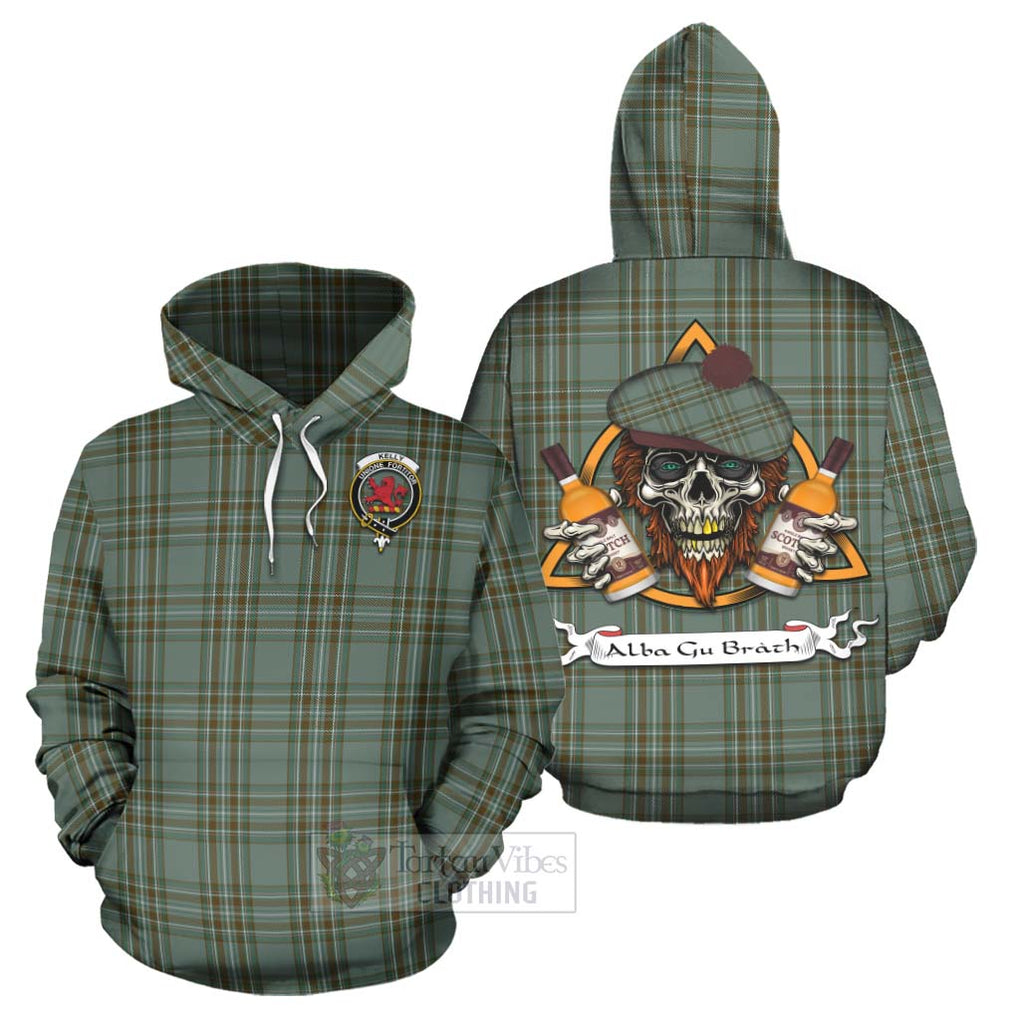 Tartan Vibes Clothing Kelly Tartan Hoodie with Family Crest and Bearded Skull Holding Bottles of Whiskey