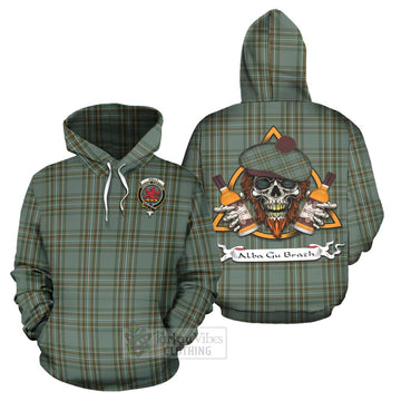 Tartan Vibes Clothing Kelly Tartan Hoodie with Family Crest and Bearded Skull Holding Bottles of Whiskey