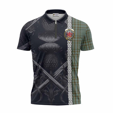 Tartan Vibes Clothing Kelly Tartan Zipper Polo Shirt with Family Crest Cross Sword Thistle Celtic Vibes