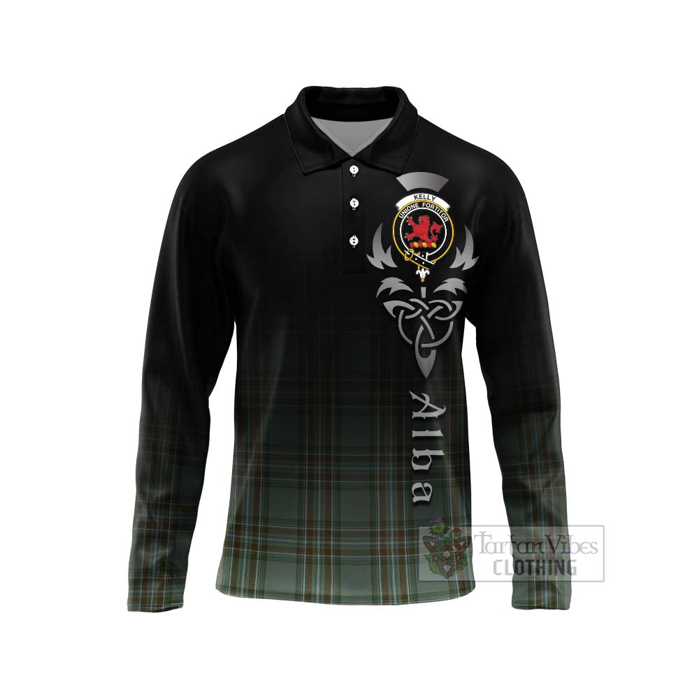 Tartan Vibes Clothing Kelly Tartan Long Sleeve Polo Shirt Featuring Alba Gu Brath Family Crest Celtic Inspired