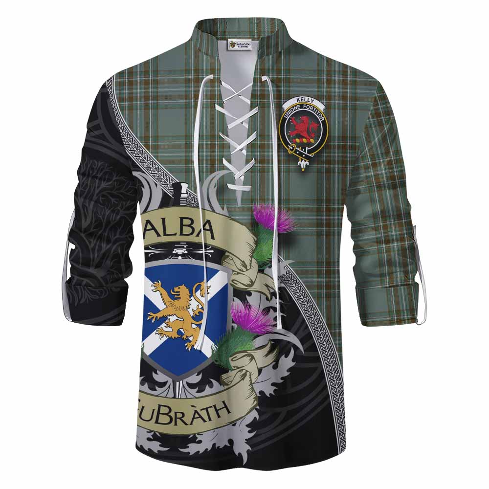 Tartan Vibes Clothing Kelly Tartan Family Crest Ghillie Kilt Shirt Lion Rampant Royal Thistle Shield Celtic Inspired