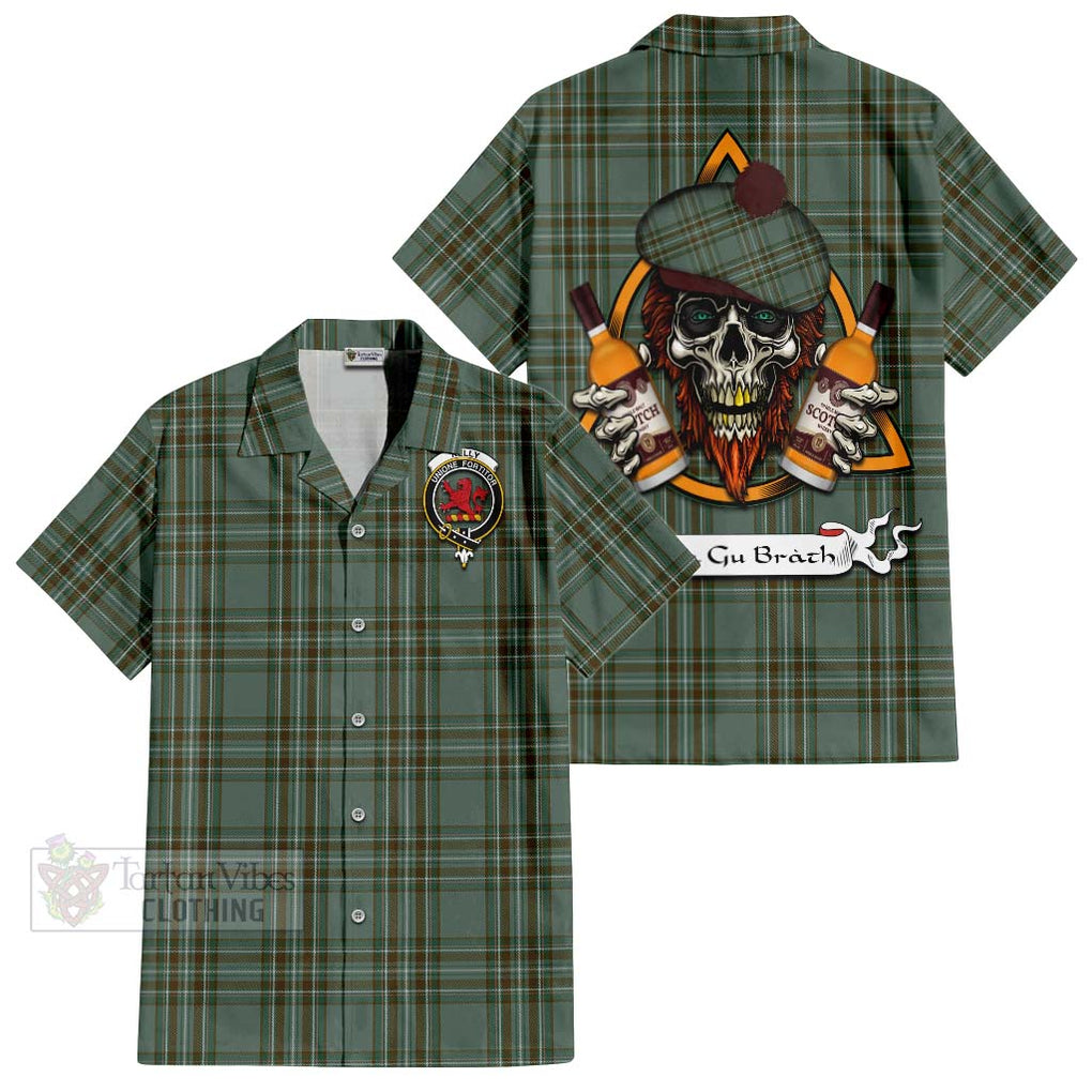 Tartan Vibes Clothing Kelly Tartan Short Sleeve Button Shirt with Family Crest and Bearded Skull Holding Bottles of Whiskey