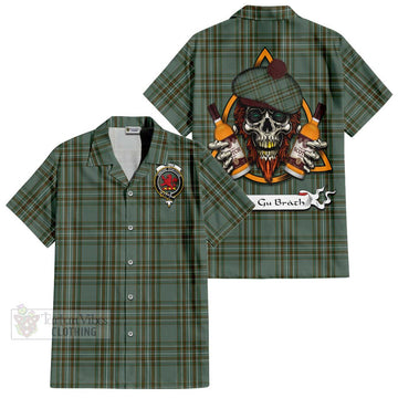 Tartan Vibes Clothing Kelly Tartan Short Sleeve Button Shirt with Family Crest and Bearded Skull Holding Bottles of Whiskey