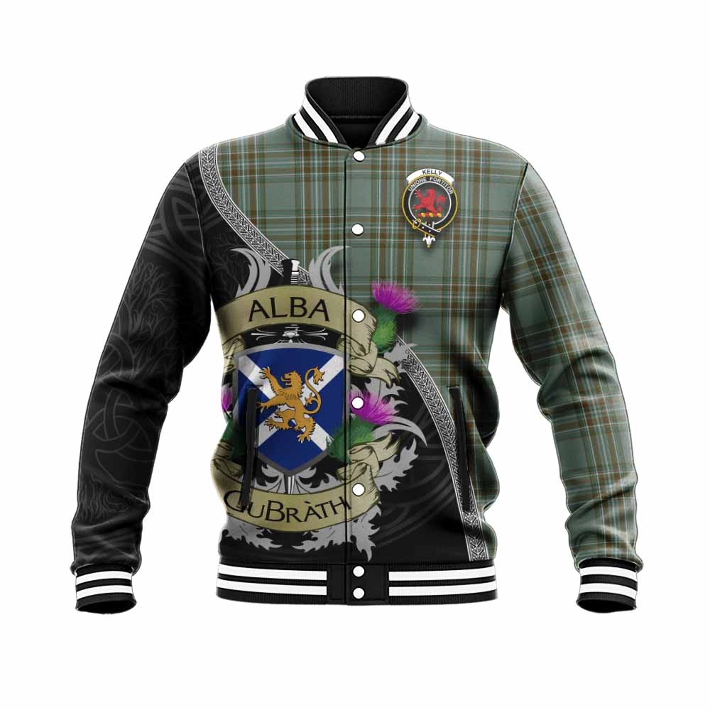 Tartan Vibes Clothing Kelly Tartan Family Crest Baseball Jacket Lion Rampant Royal Thistle Shield Celtic Inspired