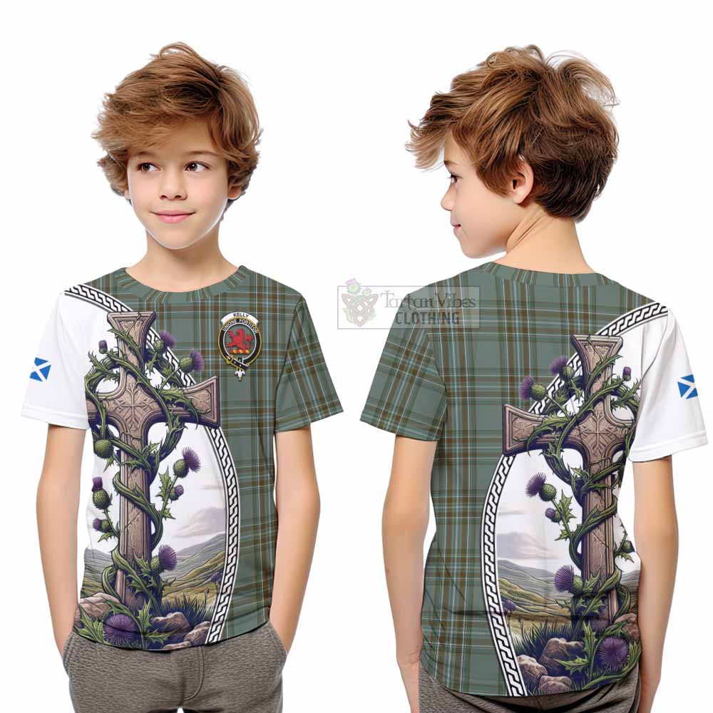 Tartan Vibes Clothing Kelly Tartan Kid T-Shirt with Family Crest and St. Andrew's Cross Accented by Thistle Vines