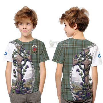 Tartan Vibes Clothing Kelly Tartan Kid T-Shirt with Family Crest and St. Andrew's Cross Accented by Thistle Vines