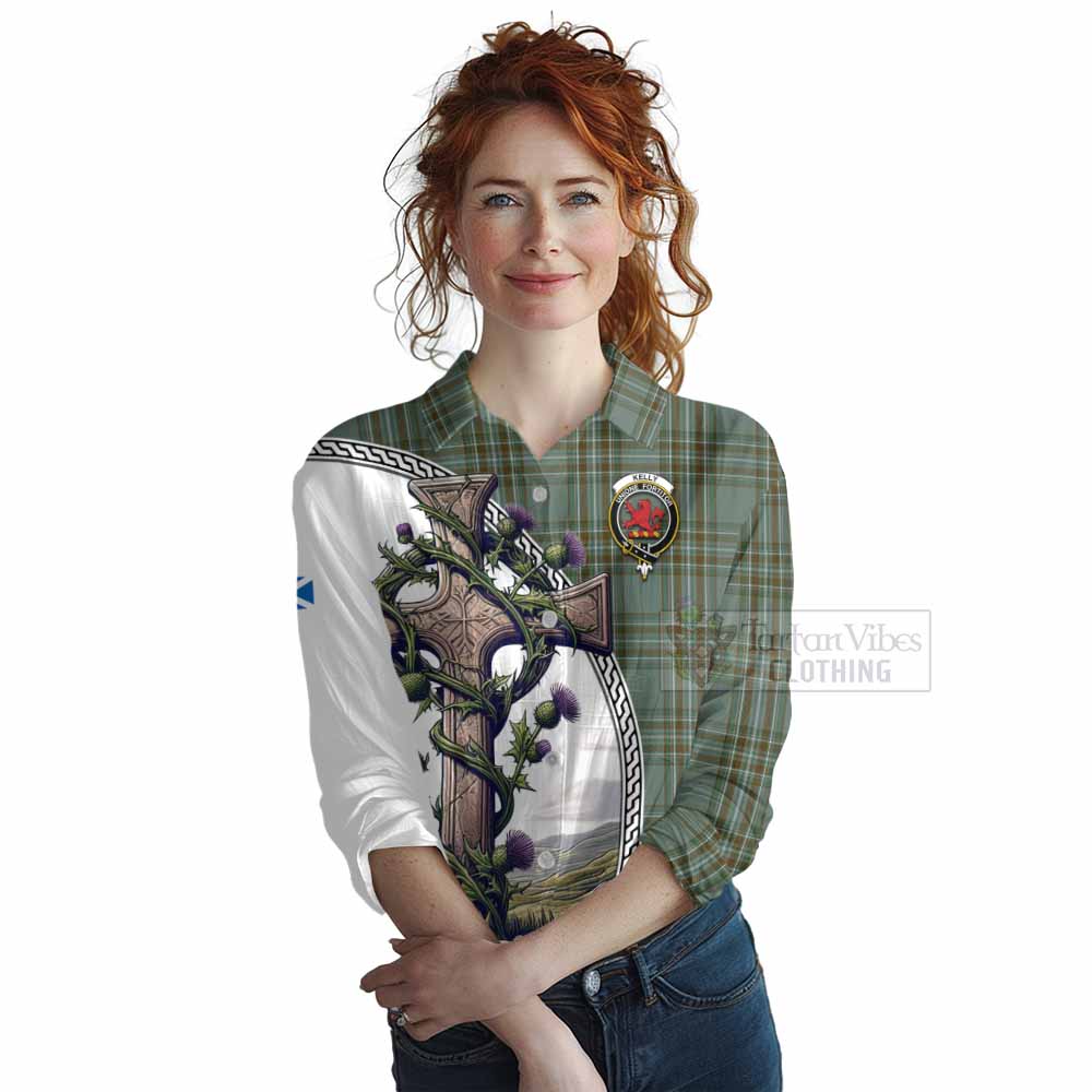 Tartan Vibes Clothing Kelly Tartan Women's Casual Shirt with Family Crest and St. Andrew's Cross Accented by Thistle Vines