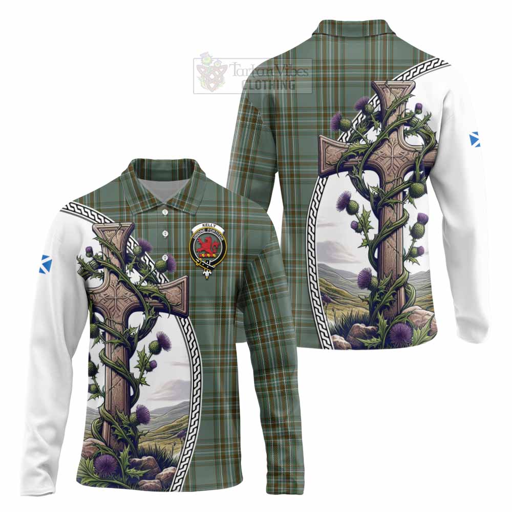 Tartan Vibes Clothing Kelly Tartan Long Sleeve Polo Shirt with Family Crest and St. Andrew's Cross Accented by Thistle Vines