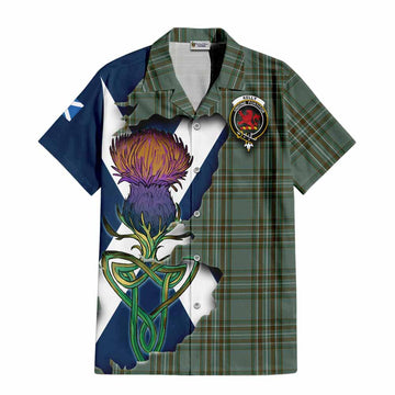 Tartan Vibes Clothing Kelly Tartan Family Crest Short Sleeve Button Shirt Scottish Thistle Celtic Inspired