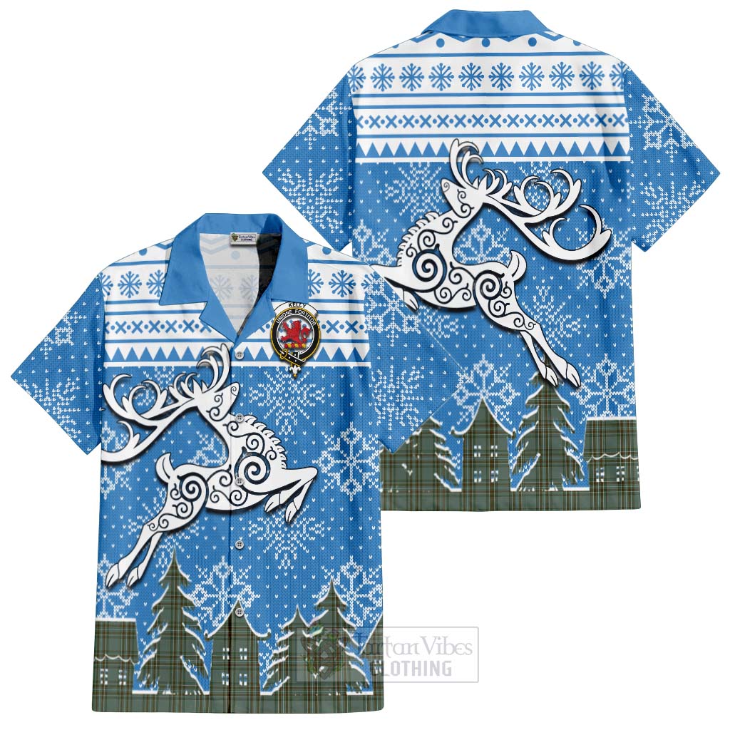 Tartan Vibes Clothing Kelly Clan Christmas Short Sleeve Button Shirt Celtic Reindeer Style