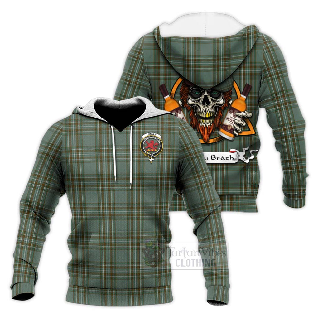 Tartan Vibes Clothing Kelly Tartan Knitted Hoodie with Family Crest and Bearded Skull Holding Bottles of Whiskey