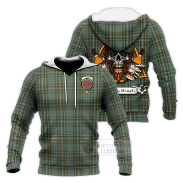 Tartan Vibes Clothing Kelly Tartan Knitted Hoodie with Family Crest and Bearded Skull Holding Bottles of Whiskey