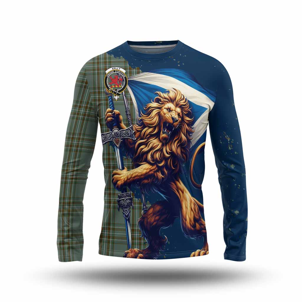Tartan Vibes Clothing Kelly Tartan Family Crest Long Sleeve T-Shirt with Scottish Majestic Lion