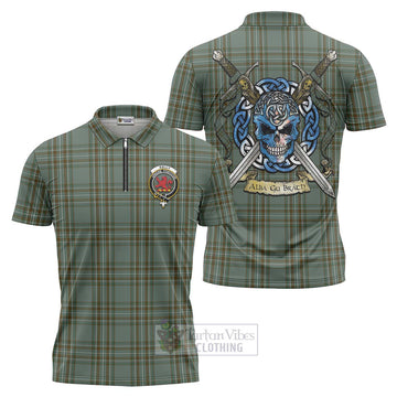 Tartan Vibes Clothing Kelly Tartan Zipper Polo Shirt with Family Crest Celtic Skull Style