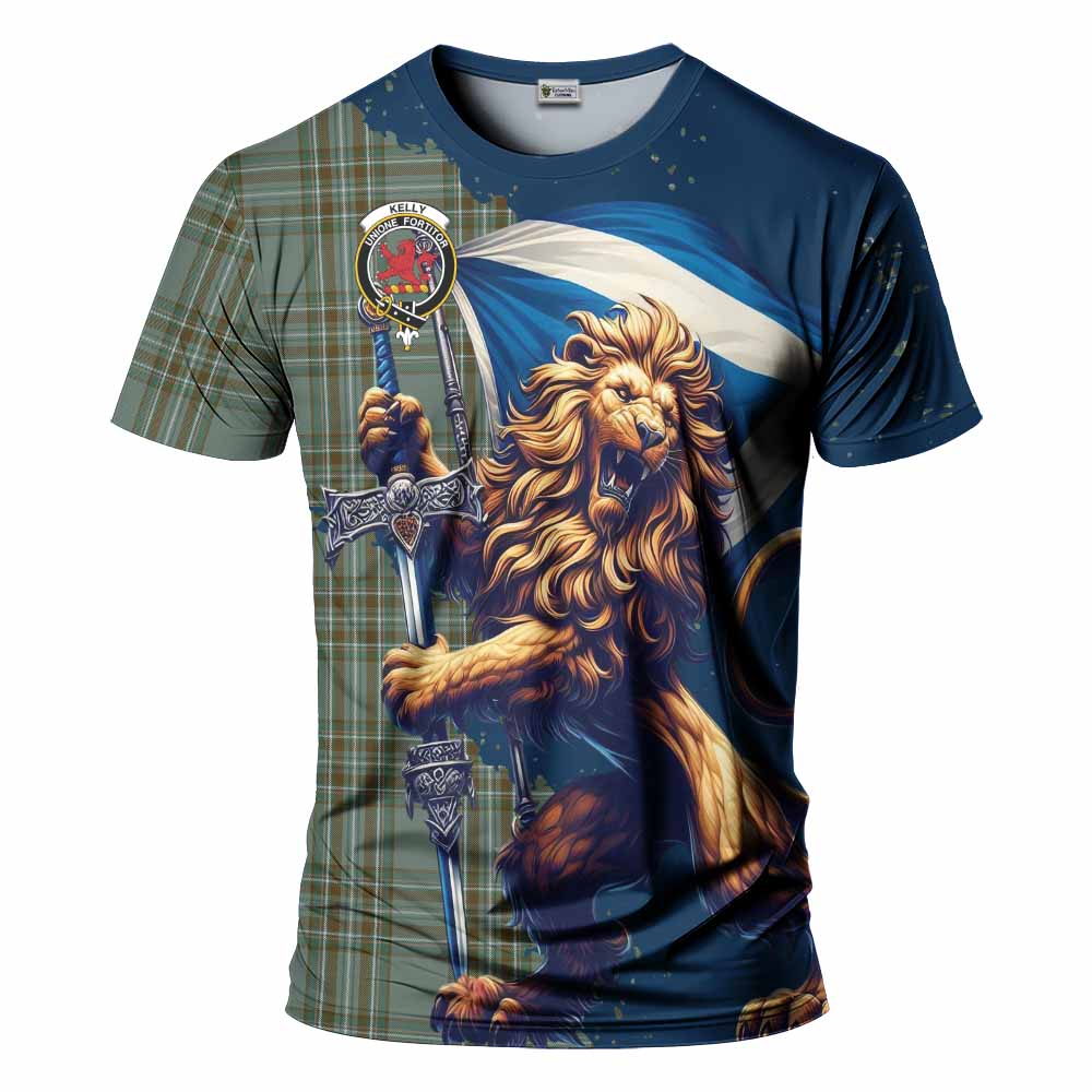 Tartan Vibes Clothing Kelly Tartan Family Crest T-Shirt with Scottish Majestic Lion