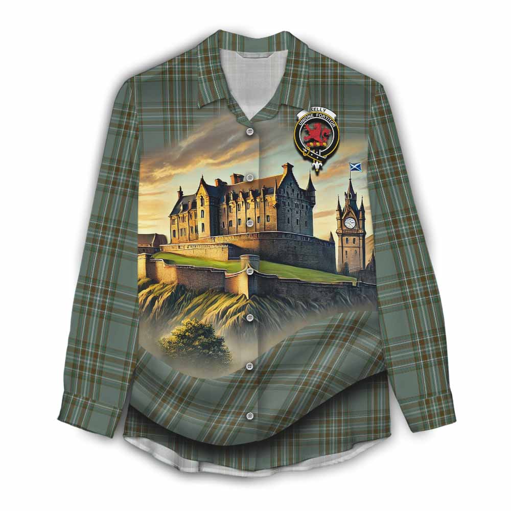 Tartan Vibes Clothing Kelly Tartan Family Crest Women's Casual Shirt with Scottish Ancient Castle Style