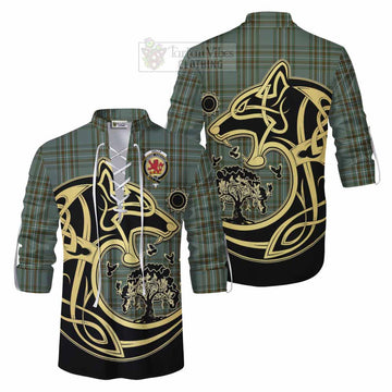 Tartan Vibes Clothing Kelly Tartan Ghillie Kilt Shirt with Family Crest Celtic Wolf Style