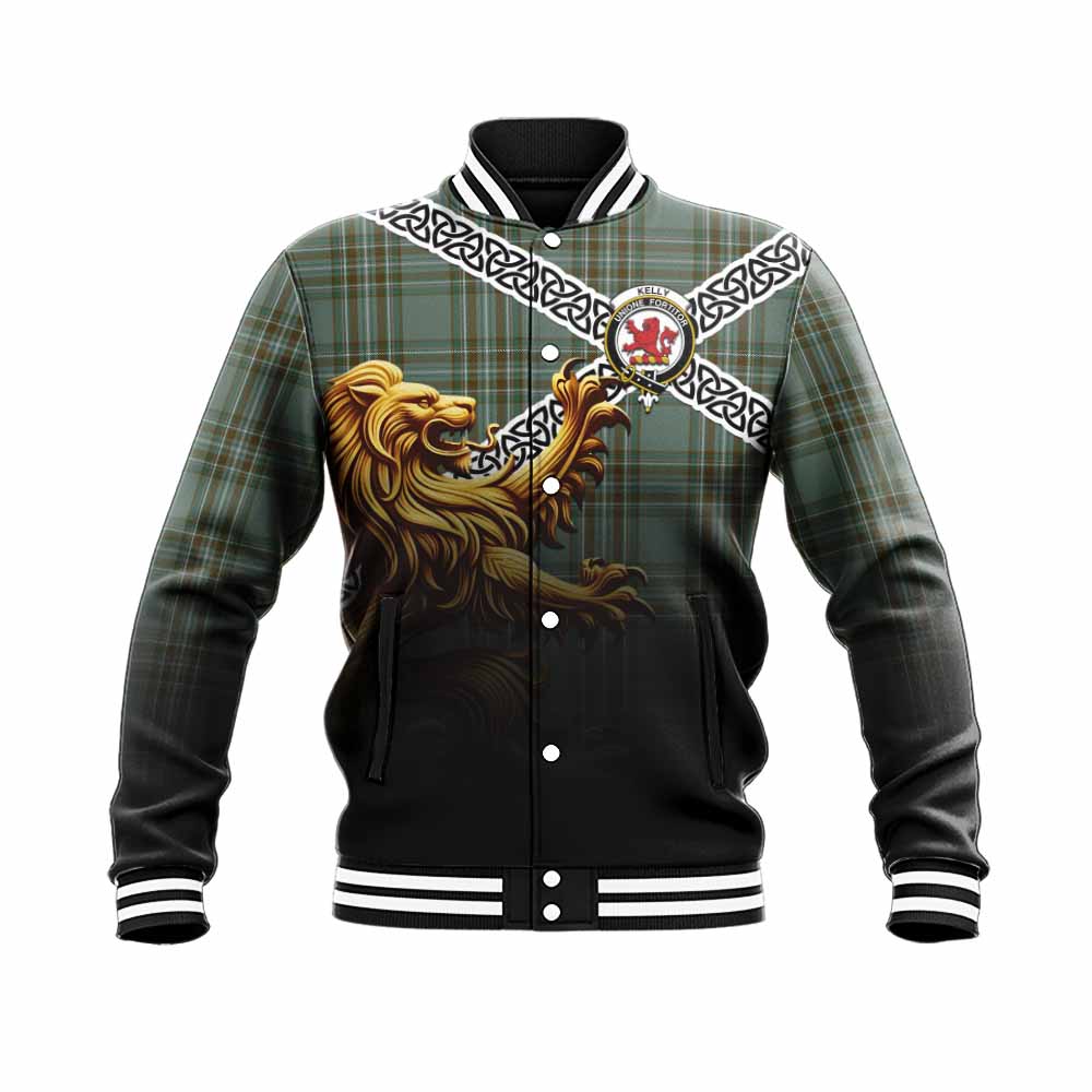 Tartan Vibes Clothing Kelly Crest Tartan Baseball Jacket with Golden Lion Emblem Celtic Style