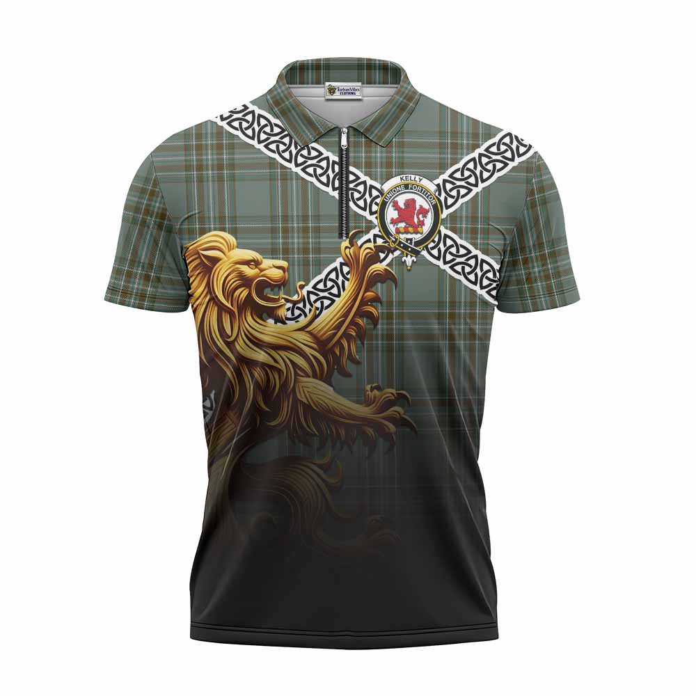 Tartan Vibes Clothing Kelly Crest Tartan Zipper Polo Shirt with Golden Lion Emblem Celtic Style