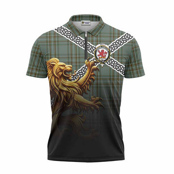 Tartan Vibes Clothing Kelly Crest Tartan Zipper Polo Shirt with Golden Lion Emblem Celtic Style