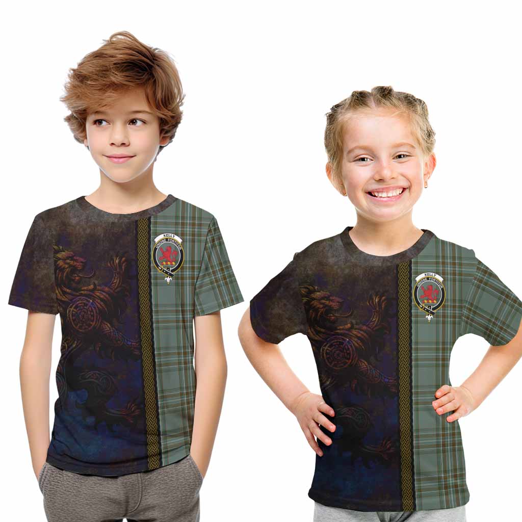 Tartan Vibes Clothing Kelly Tartan Family Crest Kid T-Shirt Alba Gu Brath Be Brave Lion Ancient Style
