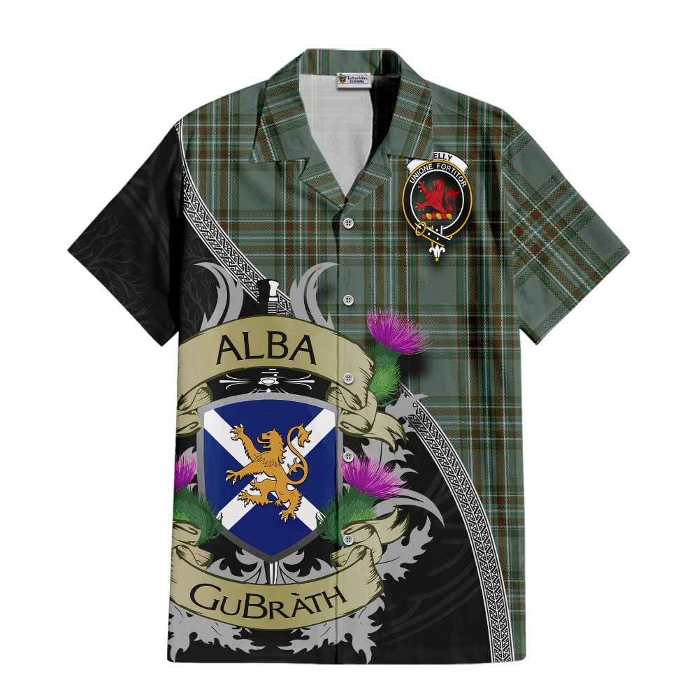 Tartan Vibes Clothing Kelly Tartan Family Crest Short Sleeve Button Shirt Lion Rampant Royal Thistle Shield Celtic Inspired