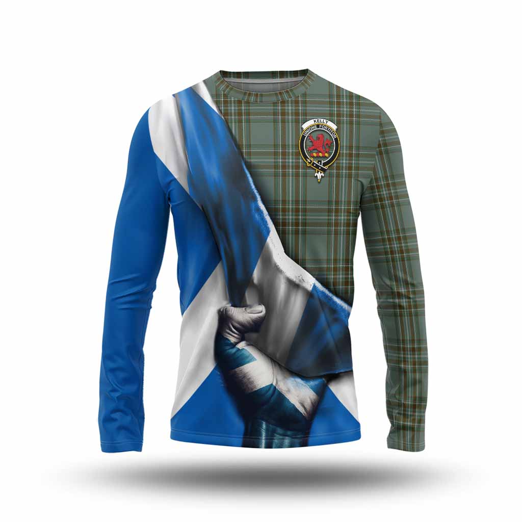 Tartan Vibes Clothing Kelly Tartan Long Sleeve T-Shirt with Family Crest Scotland Patriotic Style