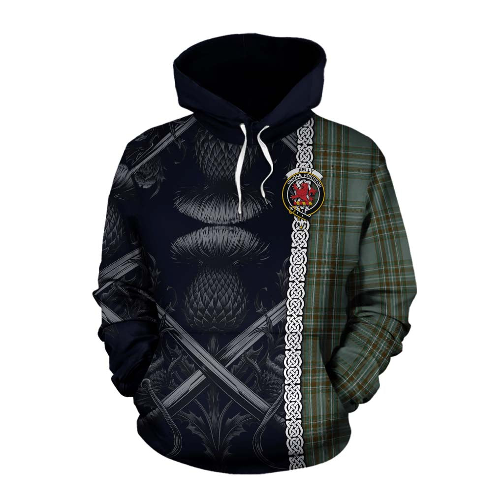 Tartan Vibes Clothing Kelly Tartan Cotton Hoodie with Family Crest Cross Sword Thistle Celtic Vibes