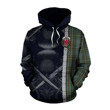 Tartan Vibes Clothing Kelly Tartan Cotton Hoodie with Family Crest Cross Sword Thistle Celtic Vibes