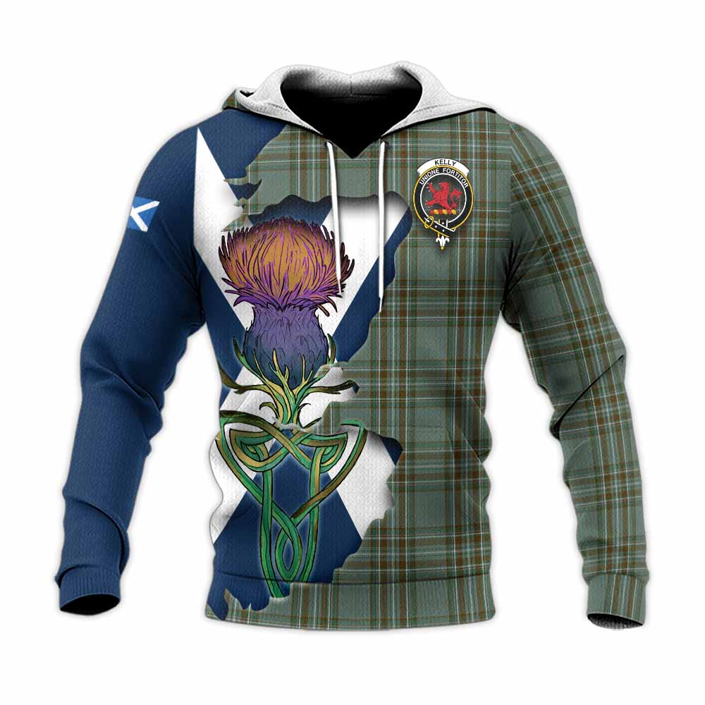 Tartan Vibes Clothing Kelly Tartan Family Crest Knitted Hoodie Scottish Thistle Celtic Inspired