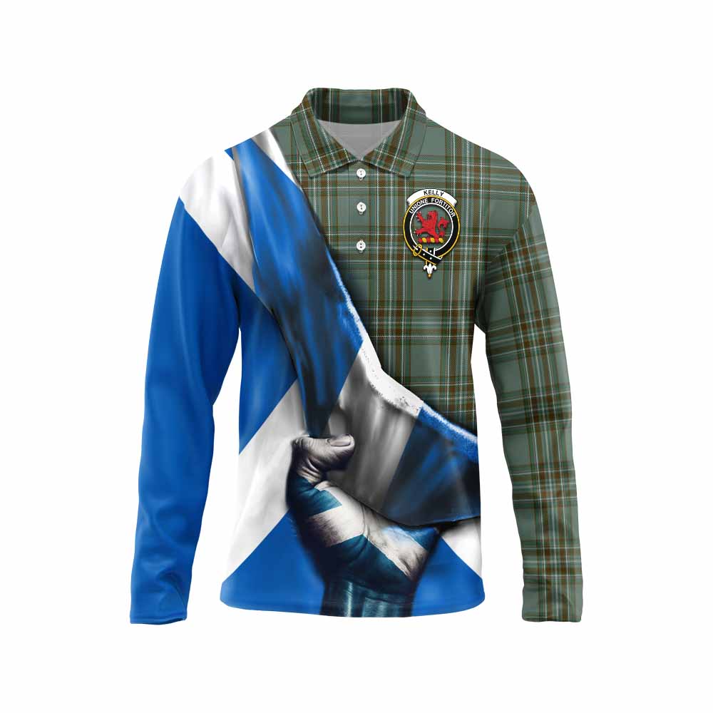 Tartan Vibes Clothing Kelly Tartan Long Sleeve Polo Shirt with Family Crest Scotland Patriotic Style