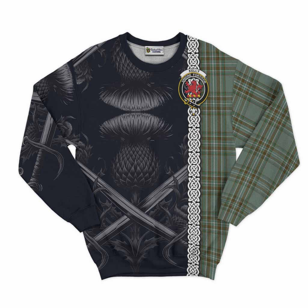 Tartan Vibes Clothing Kelly Tartan Sweatshirt with Family Crest Cross Sword Thistle Celtic Vibes