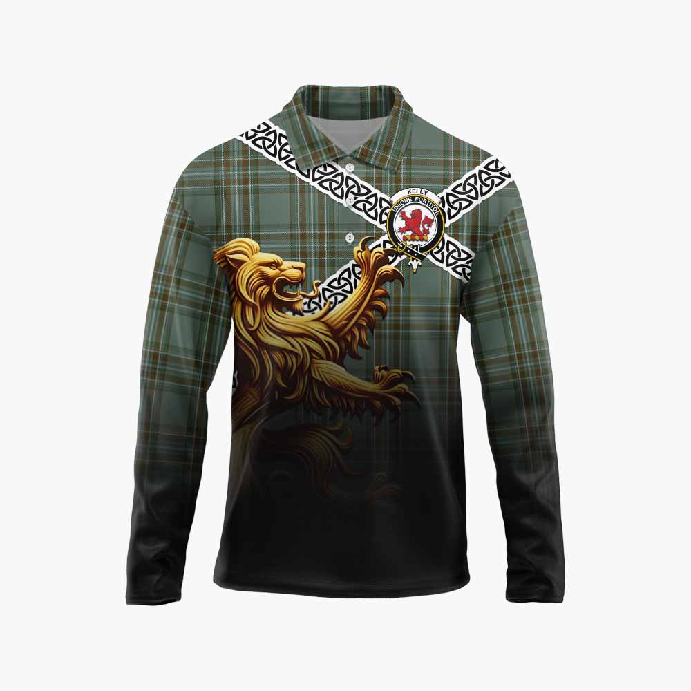 Tartan Vibes Clothing Kelly Crest Tartan Long Sleeve Polo Shirt with Golden Lion Emblem Celtic Style