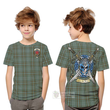 Tartan Vibes Clothing Kelly Tartan Kid T-Shirt with Family Crest Celtic Skull Style