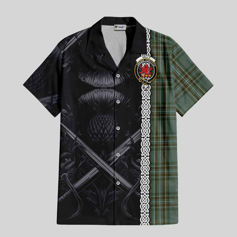 Tartan Vibes Clothing Kelly Tartan Short Sleeve Button Shirt with Family Crest Cross Sword Thistle Celtic Vibes