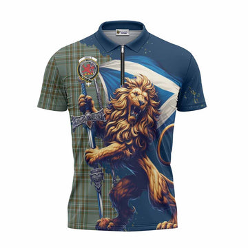 Tartan Vibes Clothing Kelly Tartan Family Crest Zipper Polo Shirt with Scottish Majestic Lion